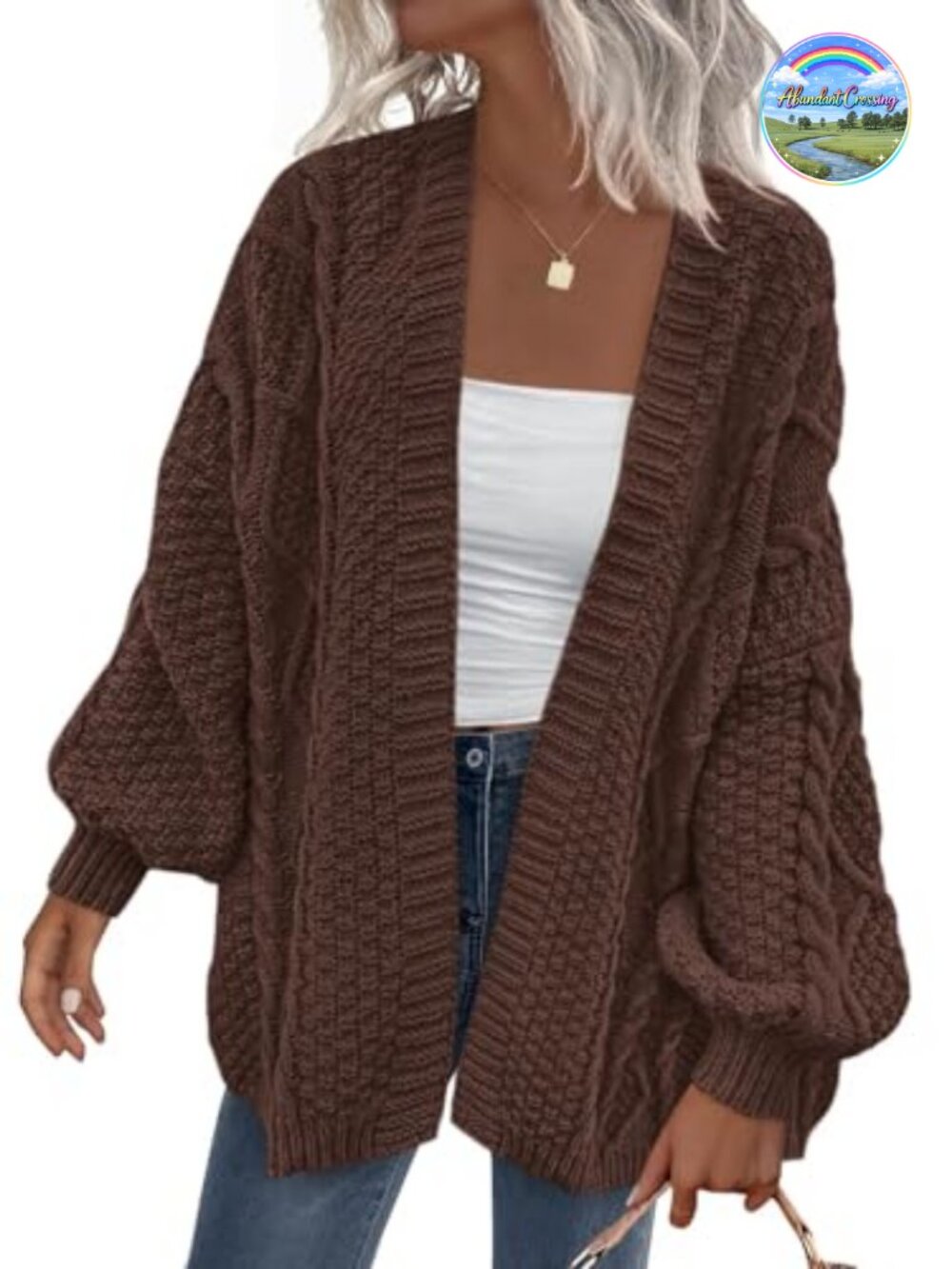 Oversized Cable Knit Open Front Lantern Sleeve Chunky Cardigan Sweater